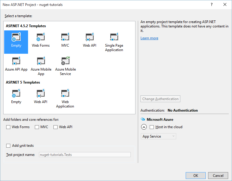 Select Empty ASP.NET template